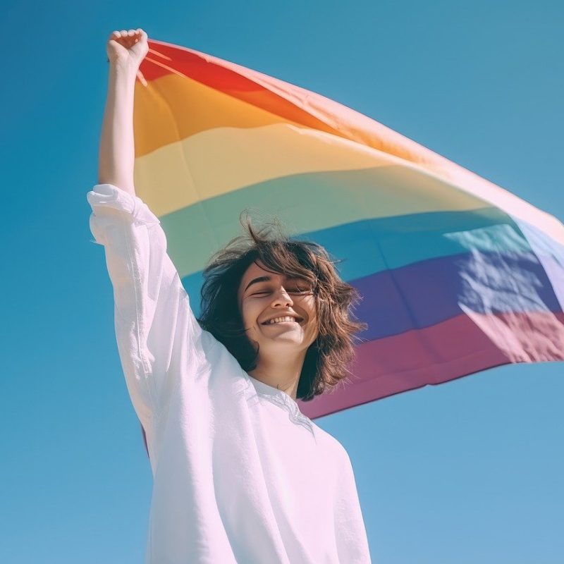 Joven agitando la bandera LGBTQ+ con un fondo azul y sonriendo