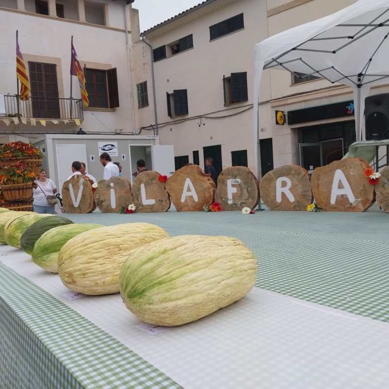 People celebrating at the Melon Fair in Palma de Mallorca, enjoying fresh melons and local festivities on a sunny day