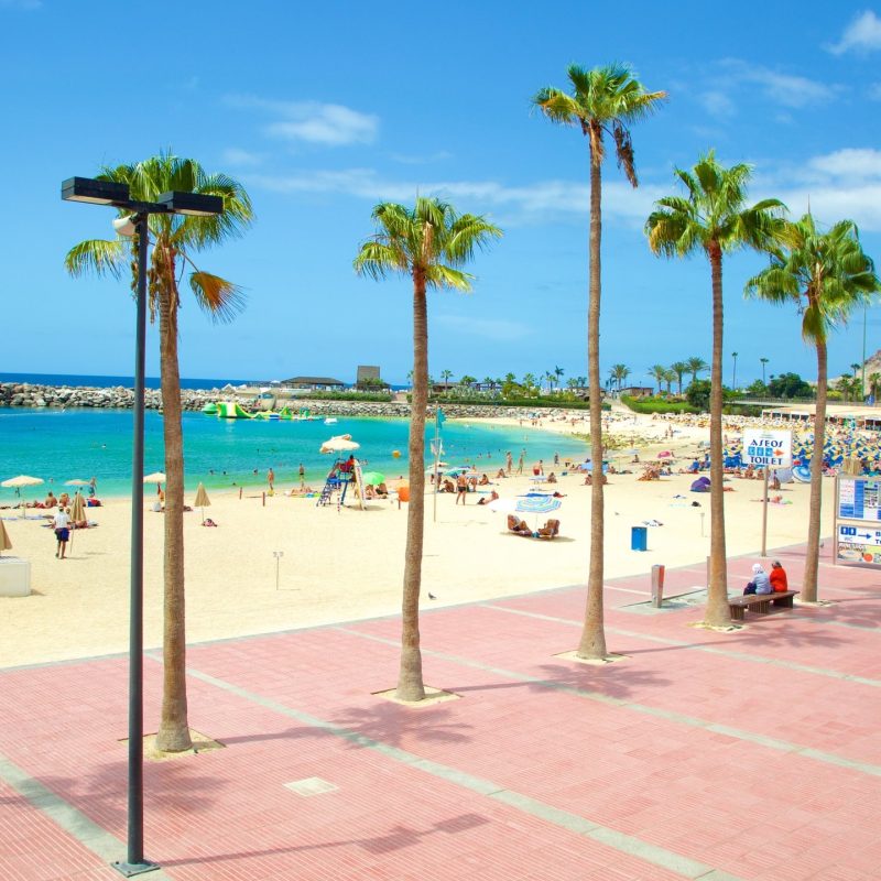 Vue d'une plage de sable doré à Las Palmas de Gran Canaria, bordée par l'océan Atlantique sous un ciel ensoleillé