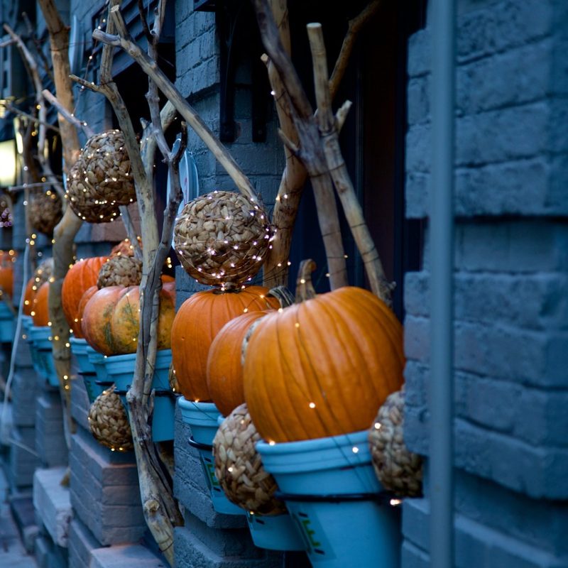 Street decorated with pumpkins and Halloween decorations