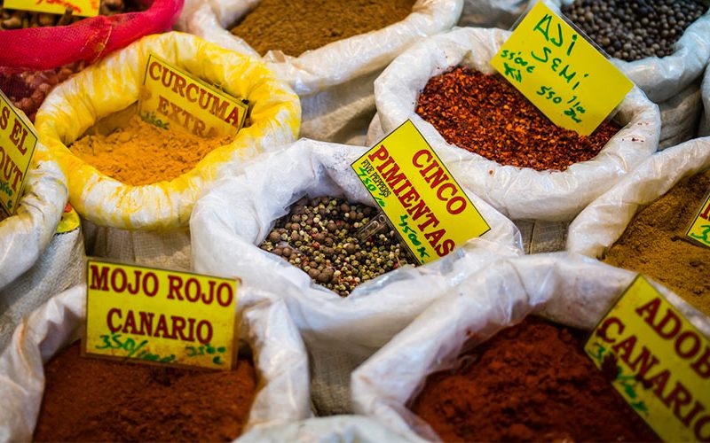 Bags of spices at a market in Las Palmas de Gran Canaria, showcasing the variety of local products available