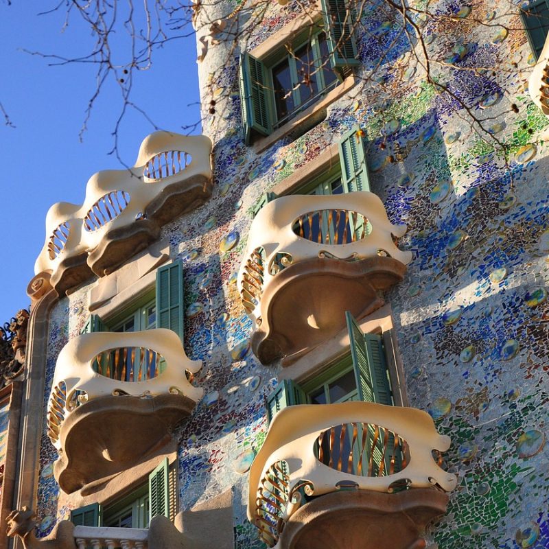 View of the colorful façade of Casa Batlló in Barcelona, designed by Gaudí