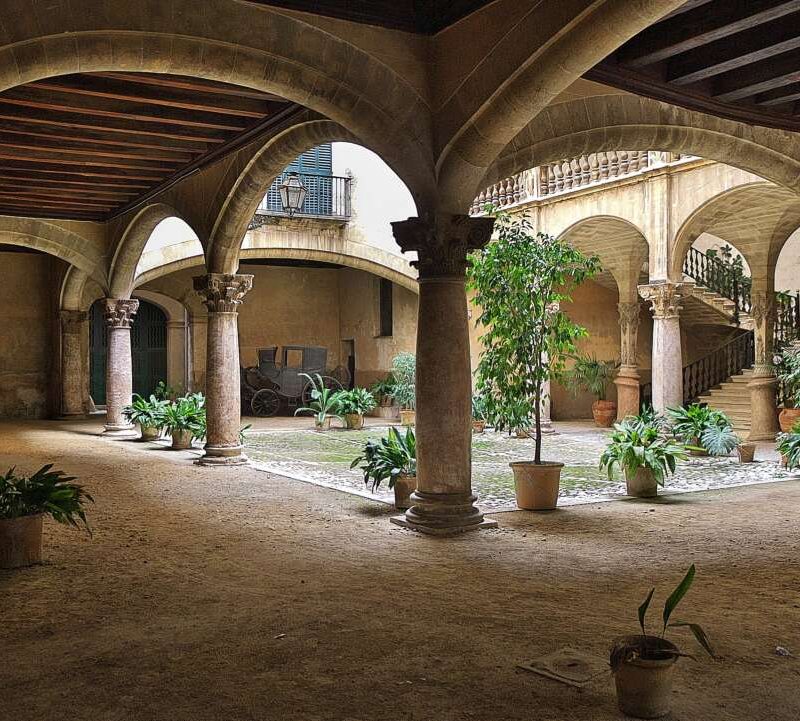 View of Can Vivot, a traditional courtyard in Palma de Mallorca, showcasing its unique architectural features