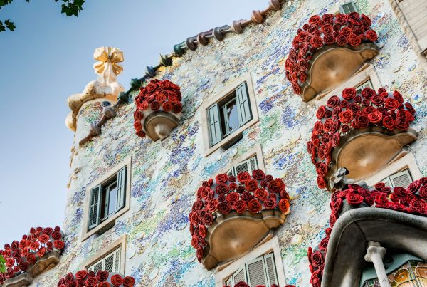 The balconies of Casa Batlló decorated with roses for Sant Jordi's Day in Barcelona