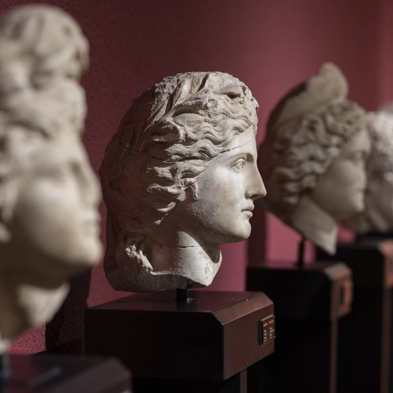 Sculptures of heads displayed during the Night of Museums in Paris