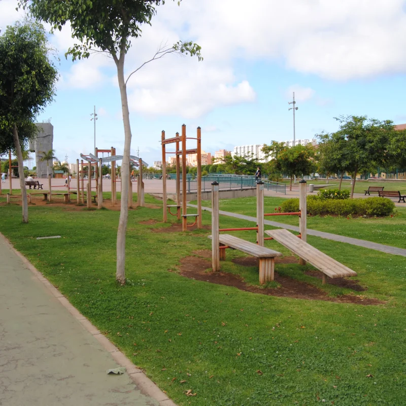 View of Juan Pablo II Park, a spacious green area with palm trees and walking paths in Las Palmas de Gran Canaria
